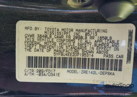 2013 Toyota Corolla S z USA, uszkodzony, nr VIN 5YFBU4EE2DP195314